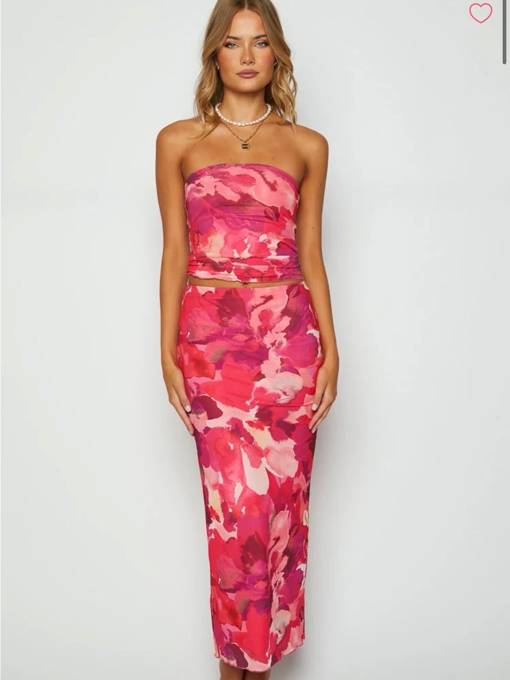 Women's Pink Floral Midi Skirt and top